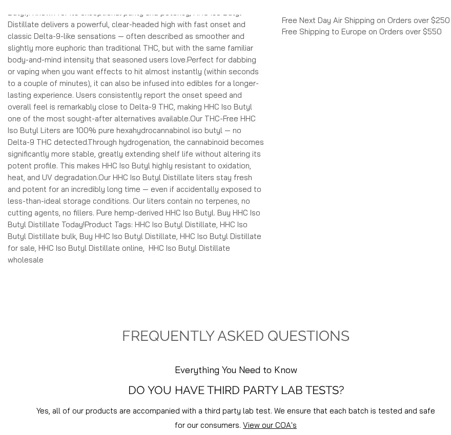 The Voluntate product page for HHC Iso Butyl distillate in December 2025, describing it as pure hemp-derived and made through hydrogenation, with a FAQ promising third-party lab tests.