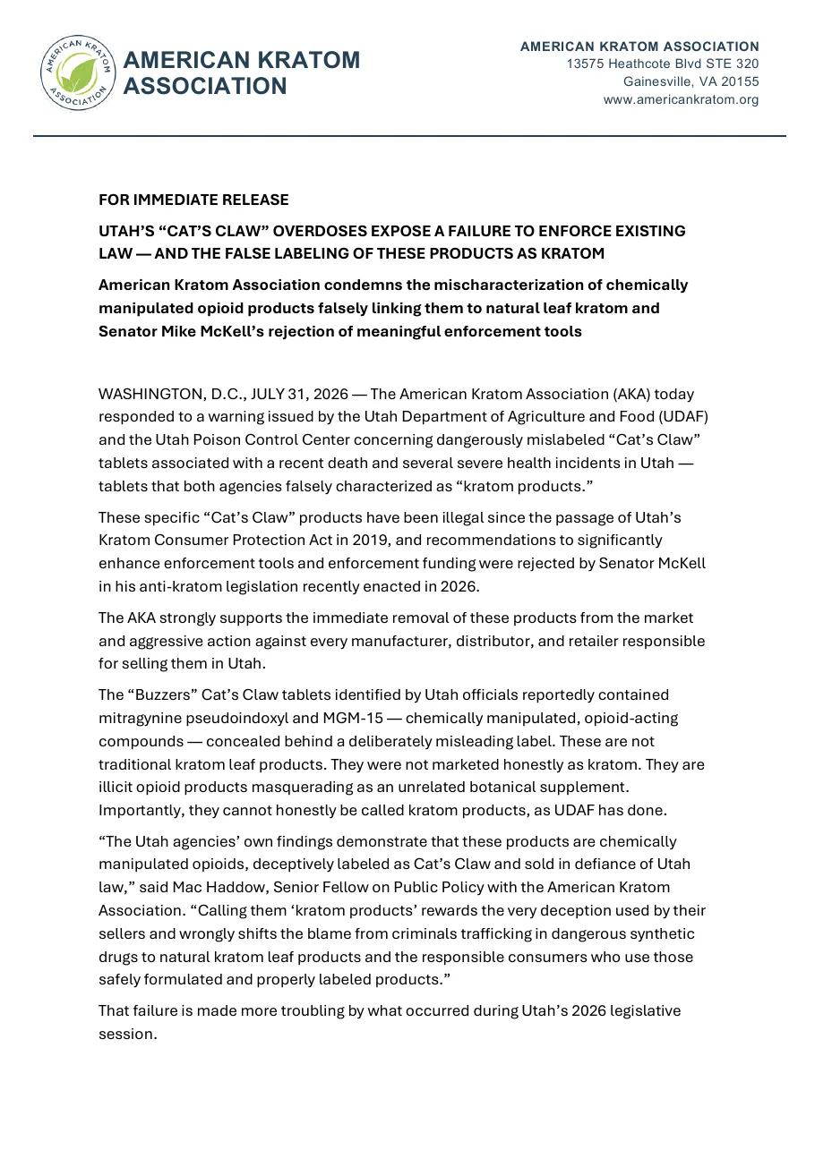 First page of the American Kratom Association release of July 31, 2026, headed Utah's Cat's Claw Overdoses Expose a Failure to Enforce Existing Law, naming Senator Mike McKell.