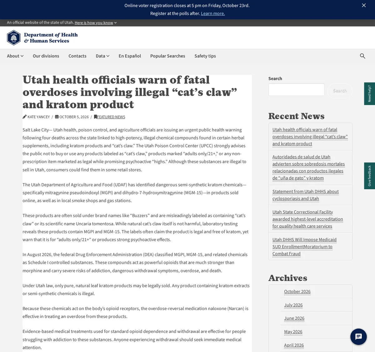 The Utah Department of Health and Human Services release of October 5, 2026, warning of four deaths linked to illegal cat's claw and kratom products.