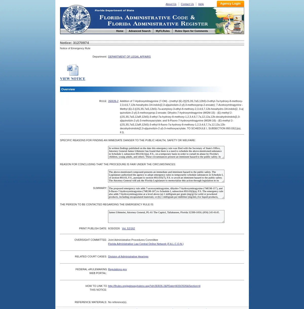 Florida Administrative Register notice 31270974 for emergency rule 2ER26-2, Department of Legal Affairs, with the Attorney General named as the contact person.