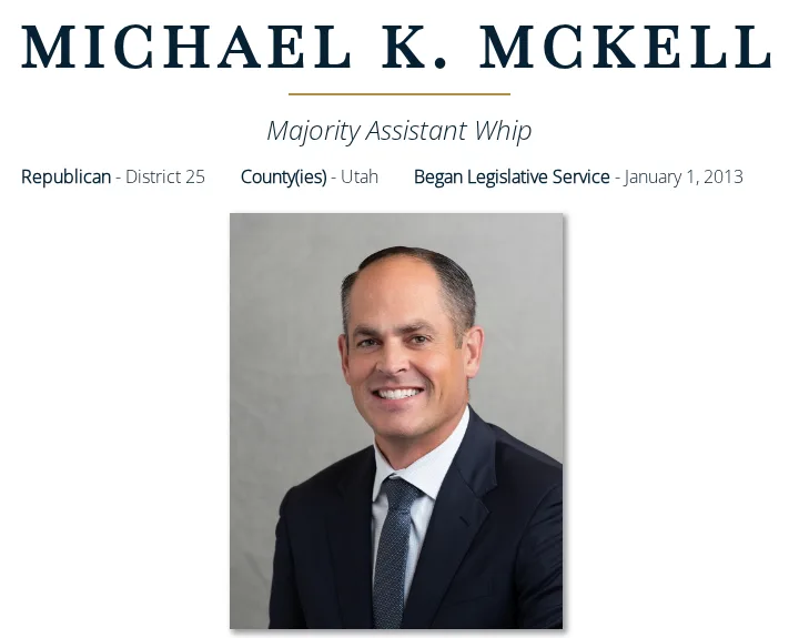 Official Utah Senate portrait of Senator Michael K. McKell, Republican, District 25, Majority Assistant Whip.