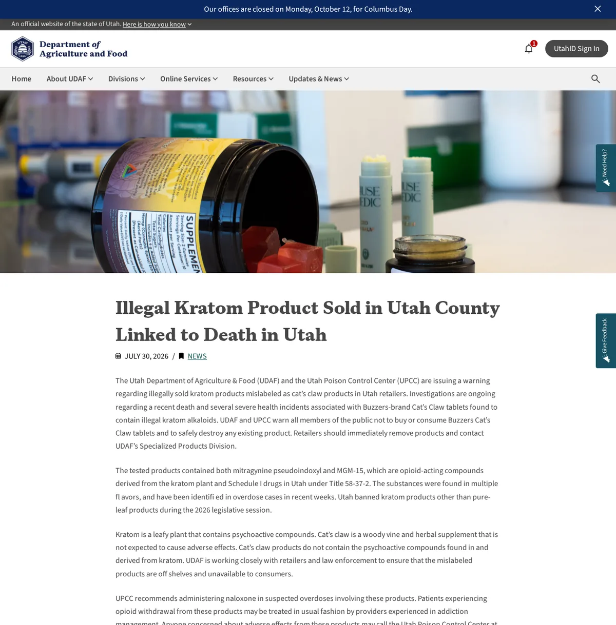 The Utah Department of Agriculture and Food news page of July 30, 2026, headed Illegal Kratom Product Sold in Utah County Linked to Death in Utah, with its first three paragraphs.