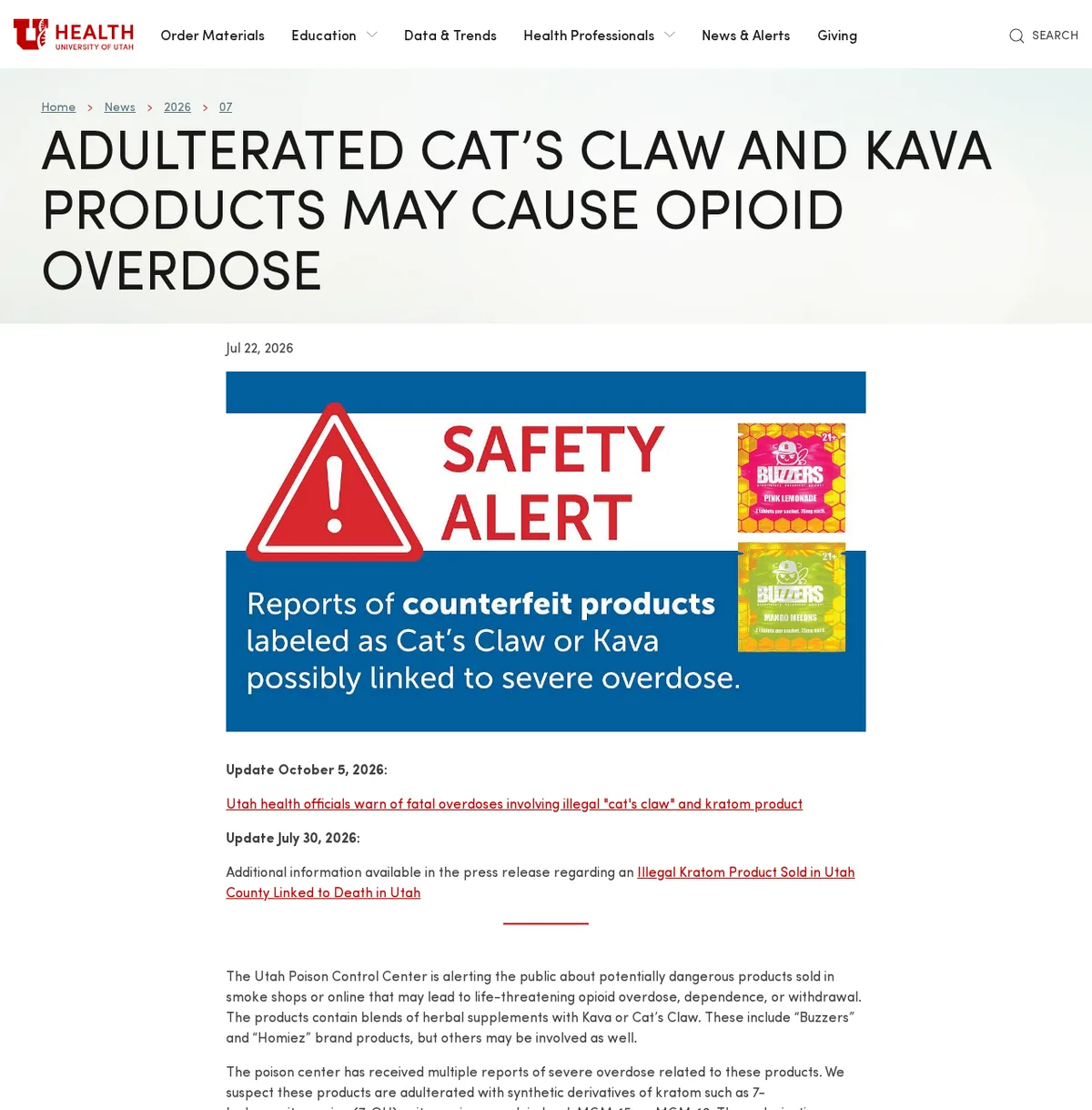 The Utah Poison Control Center alert dated July 22, 2026, headed Adulterated Cat's Claw and Kava Products May Cause Opioid Overdose, with a safety-alert graphic showing two Buzzers sachets marked 21+.
