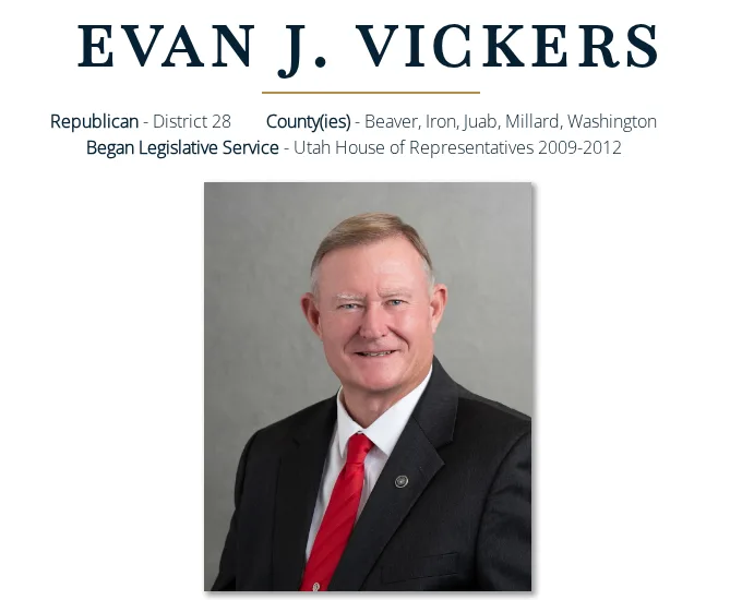 Official Utah Senate portrait of Senator Evan J. Vickers, Republican, District 28.