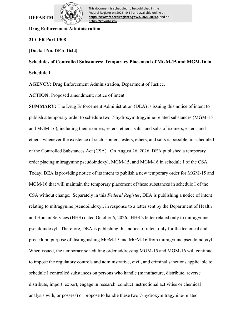 Page 1 of the public-inspection copy of FR Doc. 2026-20942, Docket No. DEA-1644: Temporary Placement of MGM-15 and MGM-16 in Schedule I, a proposed amendment and notice of intent, with a summary saying DEA intends a new temporary order that maintains their placement without change.