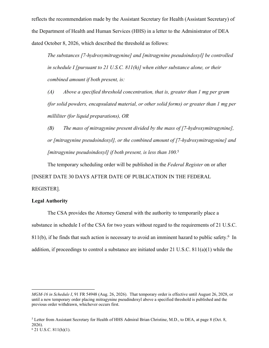 Page 3 of the public-inspection copy of FR Doc. 2026-20943: the threshold as the Assistant Secretary for Health described it, in two prongs, (A) more than 1 mg per gram of solid or 1 mg per milliliter of liquid, or (B) mitragynine divided by 7-hydroxymitragynine or pseudoindoxyl less than 100, and the start of the Legal Authority section.