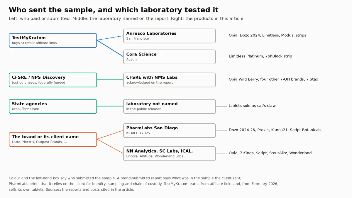A diagram in three columns. Left: who submitted the sample (TestMyKratom; CFSRE; state agencies in Utah and Tennessee; the brand or its client name). Middle: the laboratory named on the report (Anresco Laboratories, Cora Science, CFSRE with NMS Labs, a laboratory not named in the state releases, PharmLabs San Diego, and NN Analytics, SC Labs, ICAL, Encore, Altitude and Wonderland Labs). Right: the products in this article each laboratory tested.