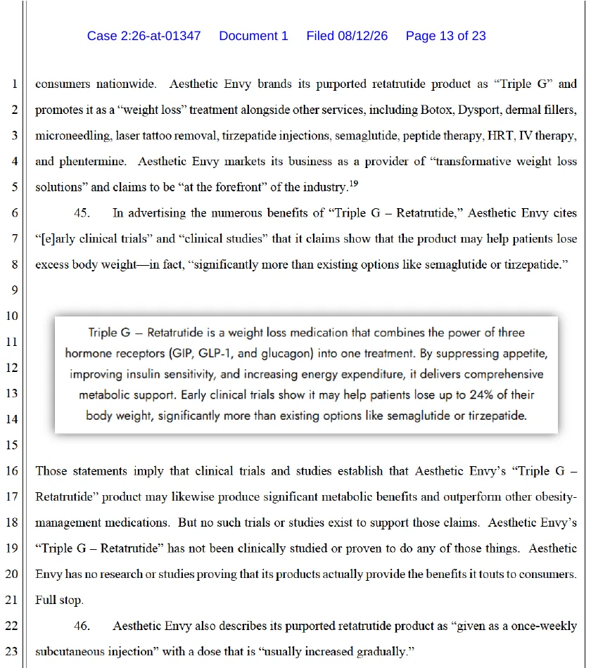 Page 13 of the Aesthetic Envy complaint on numbered pleading paper. It quotes the med spa's Triple G page saying early clinical trials show retatrutide may help patients lose up to 24 percent of body weight, more than semaglutide or tirzepatide, followed by Lilly's statement that no such trials exist for the spa's product.