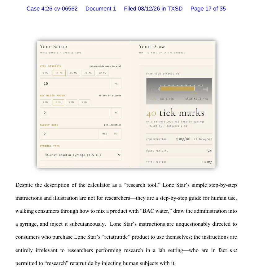 Page 17 of the Lone Star Peptide complaint: a screenshot of a calculator with a Your Setup panel (vial strength, BAC water added, target dose, syringe type set to a 50-unit insulin syringe) and a Your Draw panel showing a syringe filled to a number of tick marks, followed by the complaint's argument that the tool is a guide for human use.