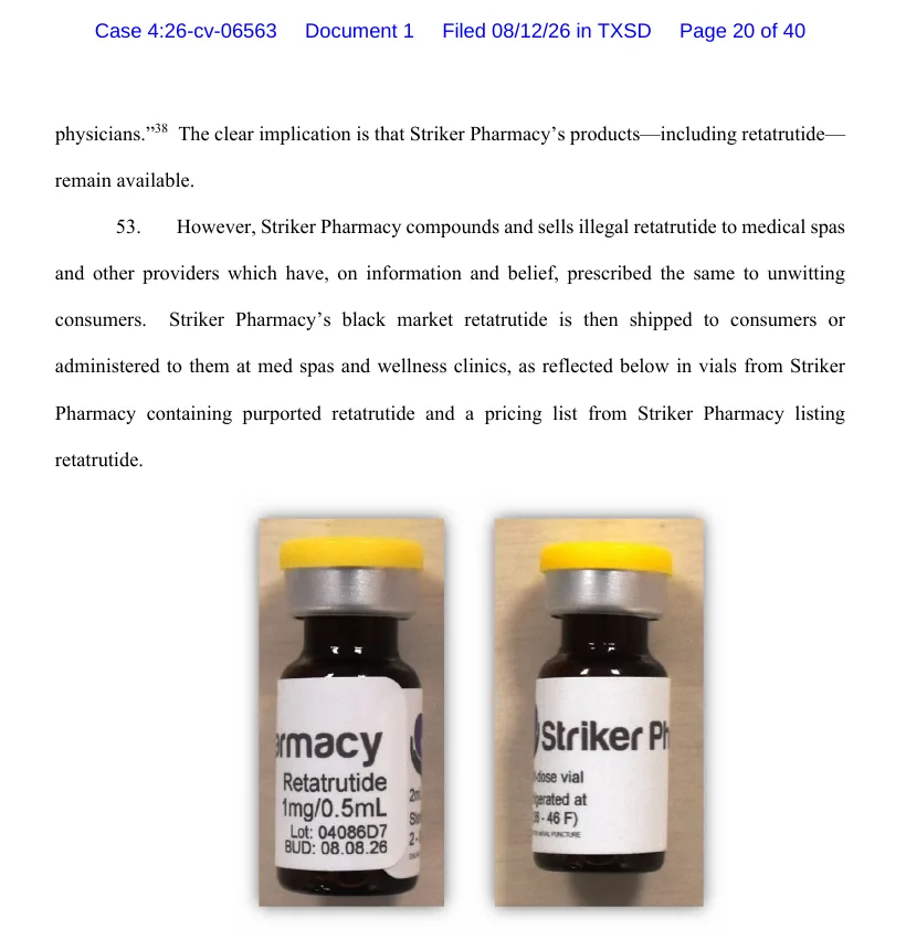 Page 20 of the Striker Pharmacy complaint. Paragraph 53 says Striker compounds retatrutide for med spas, followed by two photographs of small amber vials with yellow caps and white labels reading Striker Pharmacy and Retatrutide, with a lot number and a beyond-use date.