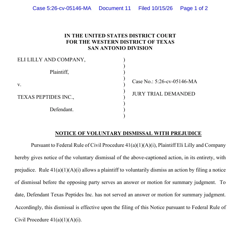 Lilly's Notice of Voluntary Dismissal with Prejudice in Eli Lilly and Company v. Texas Peptides Inc., Western District of Texas, case 5:26-cv-05146-MA, dated October 15, 2026, citing Rule 41(a)(1)(A)(i) and stating that the defendant had not served an answer or motion for summary judgment.