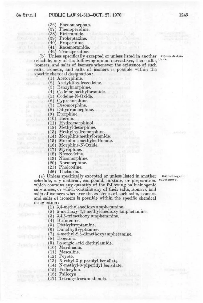 Page 84 Stat. 1249 of the Statutes at Large, part of Schedule I of the Controlled Substances Act of 1970: a list of opium derivatives, then paragraph (c), hallucinogenic substances, numbered 1 to 17, with number 9 Lysergic acid diethylamide.