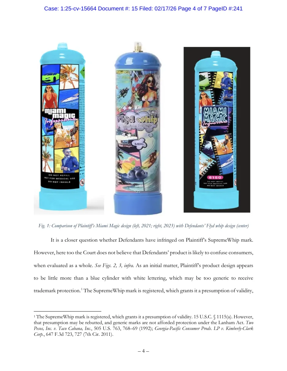 Page 4 of a February 2026 court order: three blue nitrous cylinders side by side, the Miami Magic designs of 2021 and 2023 on either side of a lookalike labelled Flyd whip.