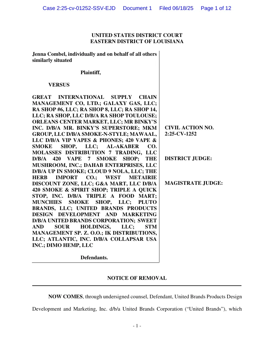 The caption page of a June 2025 notice of removal in Combel v. Great International Supply Chain Management Co., listing more than twenty smoke shops, distributors and brand companies as defendants.