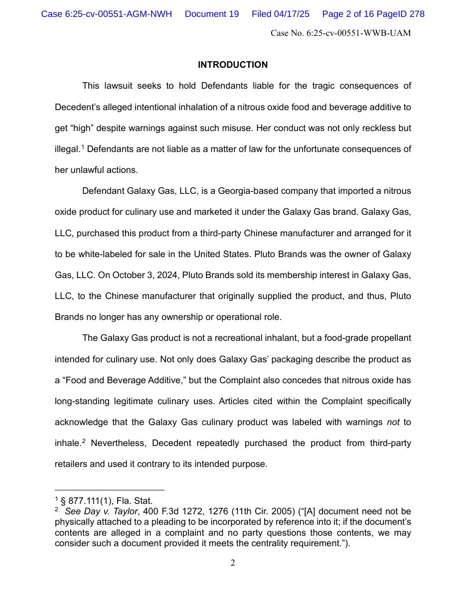 Page 2 of the motion to dismiss filed by Galaxy Gas, LLC and Pluto Brands, LLC in April 2025, its second paragraph describing the product as bought from a Chinese manufacturer and white-labeled.