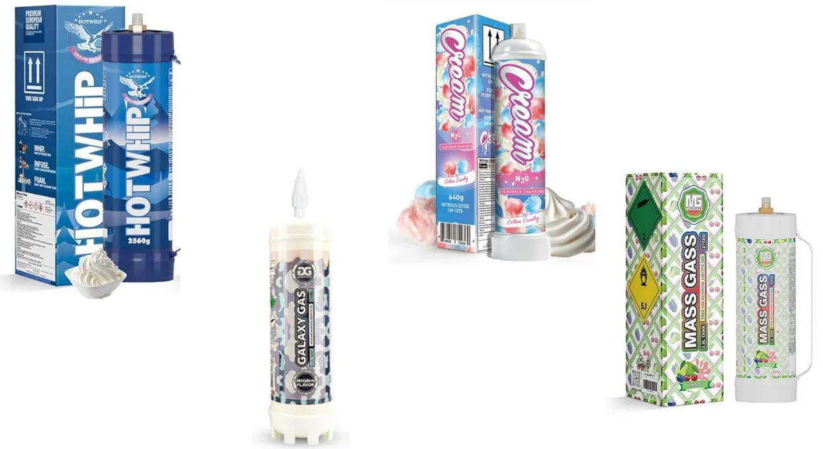 Product photographs the FDA published with its advisory: a blue HOTWHIP tank marked 2560g and Premium European Quality, a white Galaxy Gas tank, a pink Crooom 640g cotton candy tank and a green Mass Gass tank, each beside its box.