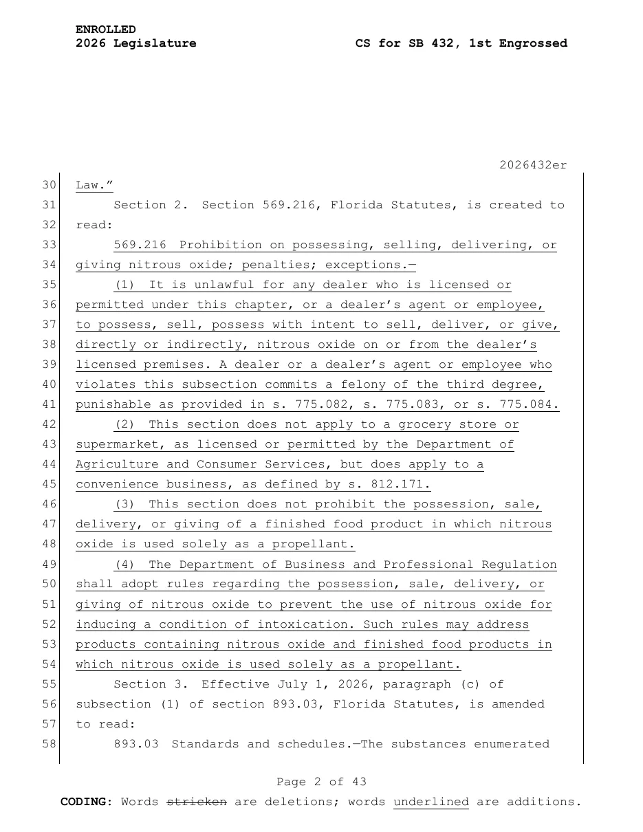 Page 2 of Florida CS for SB 432 as enrolled in 2026, creating section 569.216 and prohibiting tobacco and nicotine dealers from possessing or selling nitrous oxide on licensed premises.