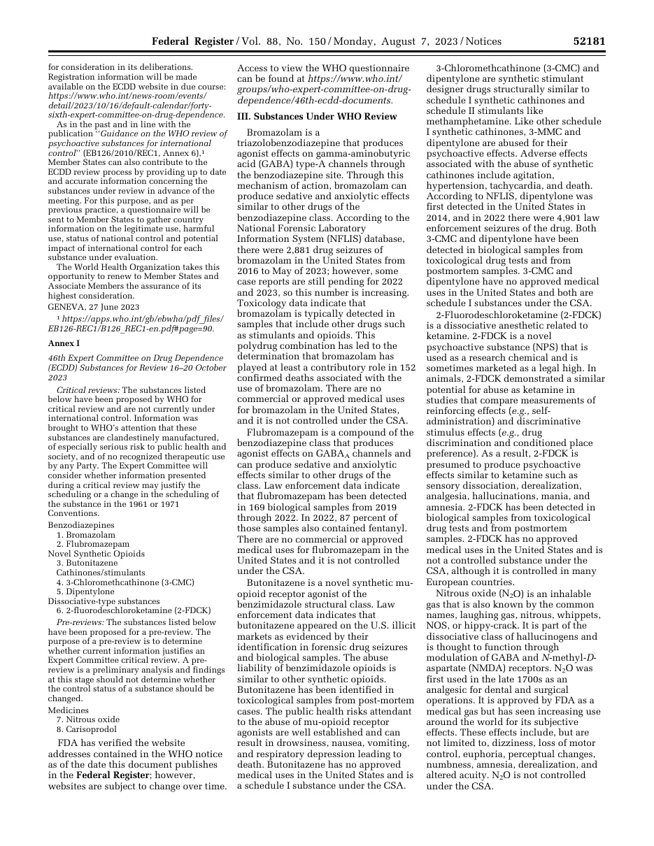 Page 52181 of the Federal Register of August 7, 2023, a three-column page whose right column describes nitrous oxide among substances under WHO review.