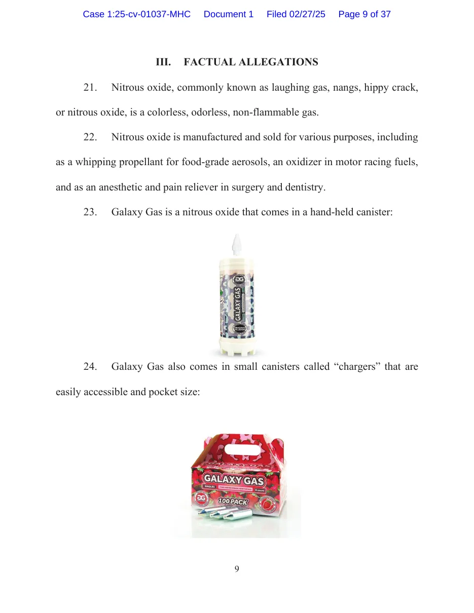 Page 9 of the Iannotti class action complaint, with a photograph of a white Galaxy Gas tank with a nozzle on top and a red box of Galaxy Gas chargers.