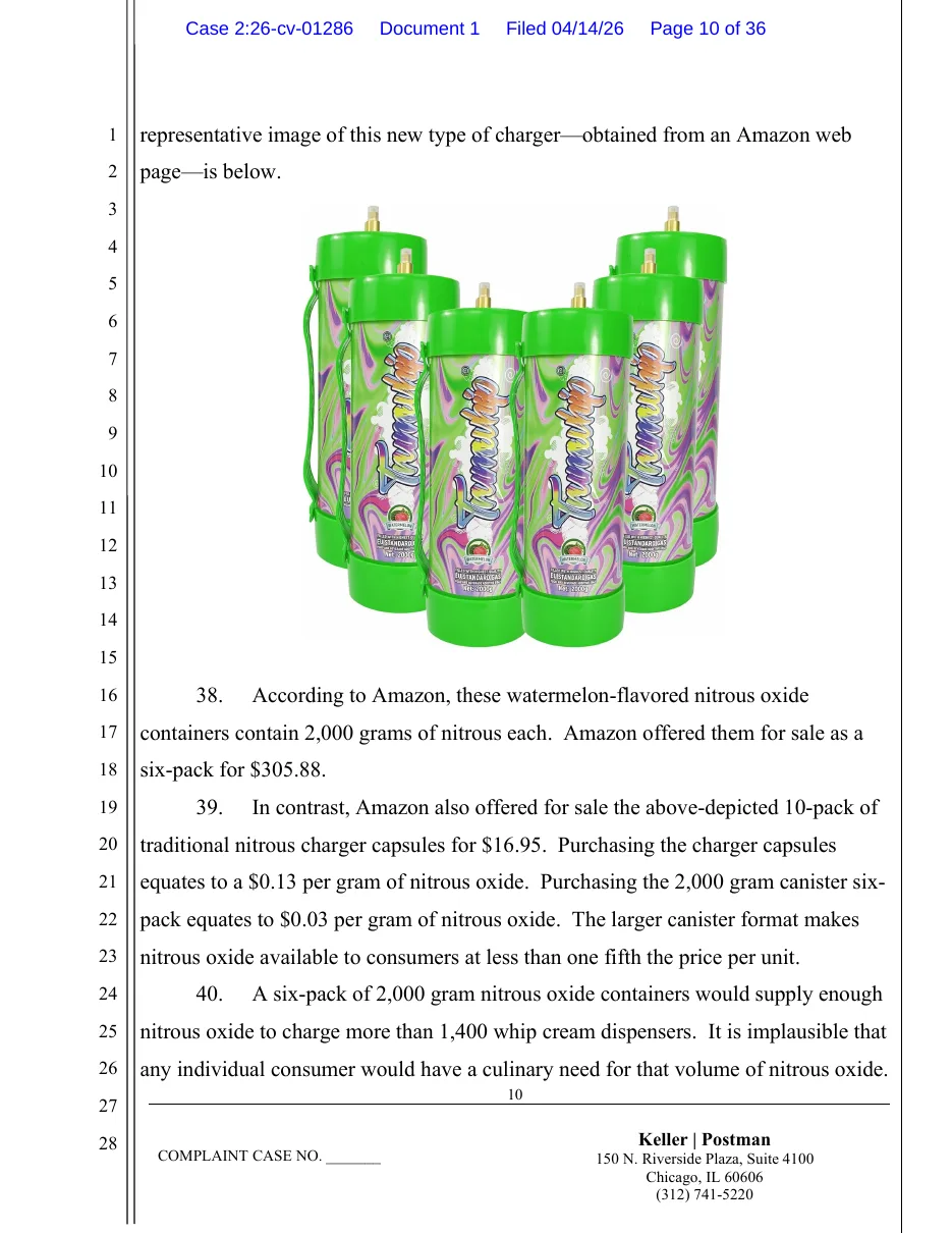 Page 10 of the same complaint: six green watermelon-flavored nitrous tanks with swirling labels, above paragraphs comparing price per gram.