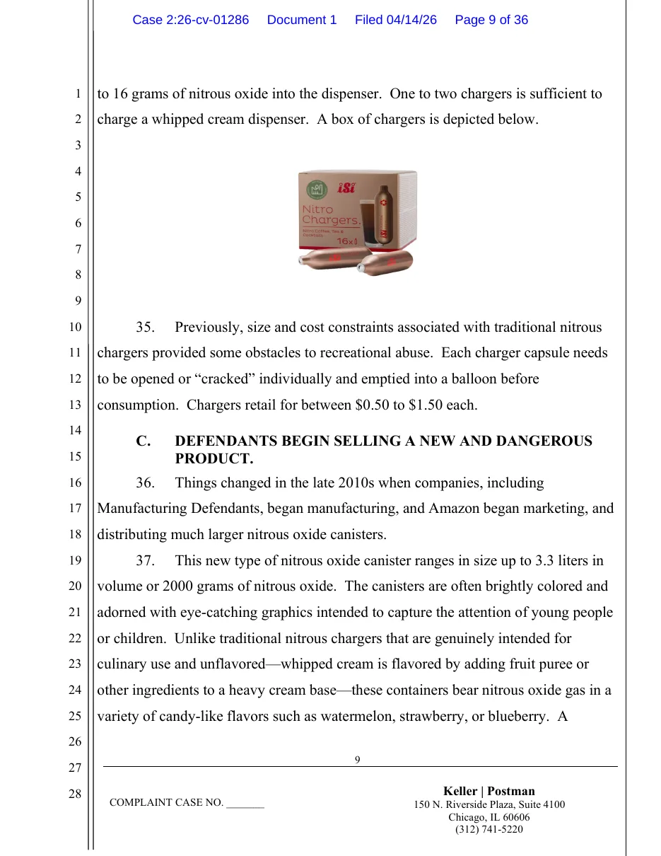 Page 9 of a 2026 complaint against Amazon, showing a small box of iSi nitrous chargers above a paragraph headed Defendants Begin Selling a New and Dangerous Product.