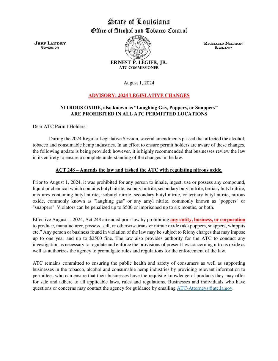 Louisiana Office of Alcohol and Tobacco Control advisory of August 1, 2024, headed Nitrous Oxide, also known as Laughing Gas, Poppers, or Snappers, are prohibited in all ATC permitted locations.
