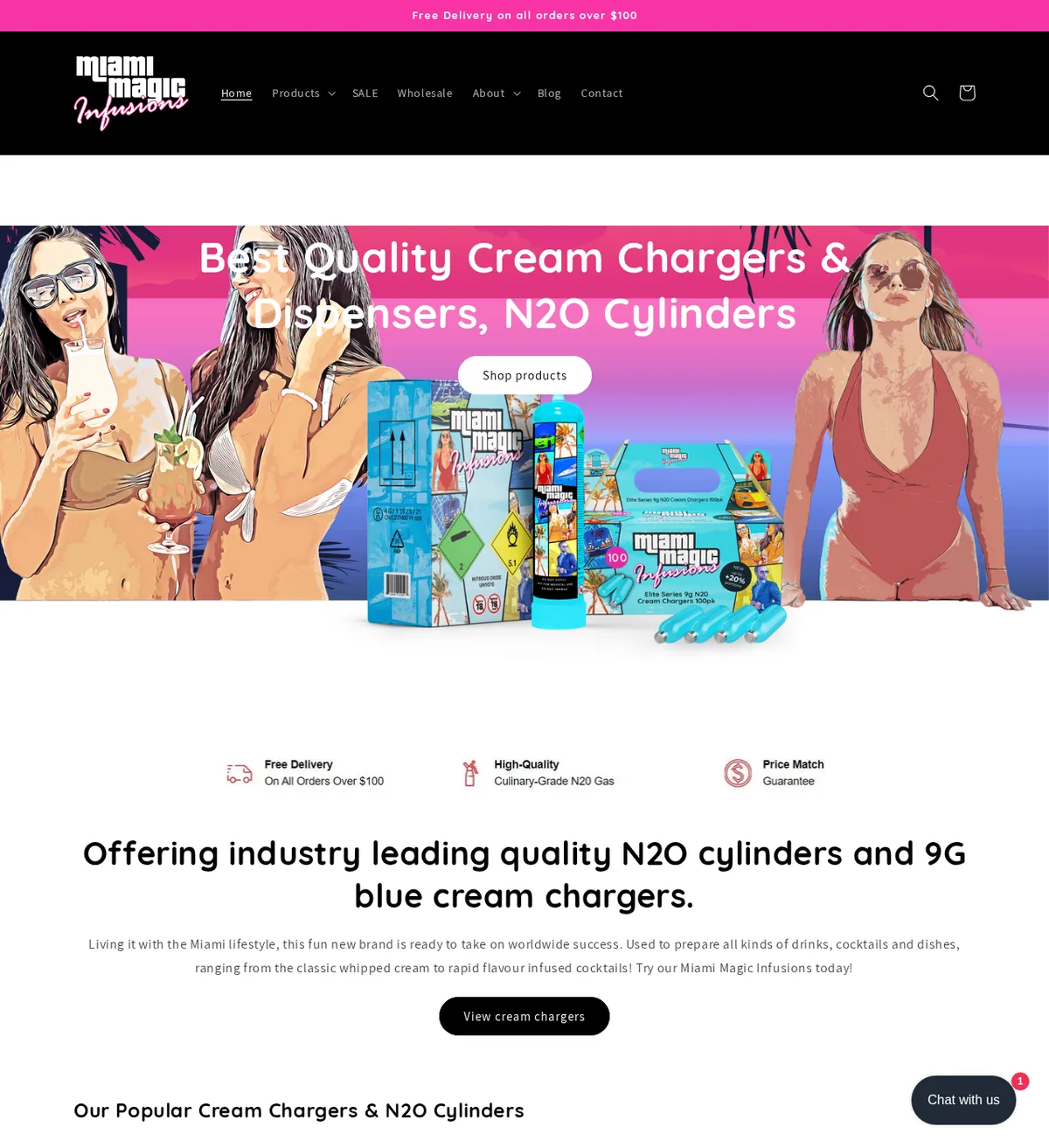 The Miami Magic Infusions home page in March 2023: illustrated women in swimsuits on either side of a blue N2O cylinder and boxes of chargers, under the words Best Quality Cream Chargers and Dispensers, N2O Cylinders.