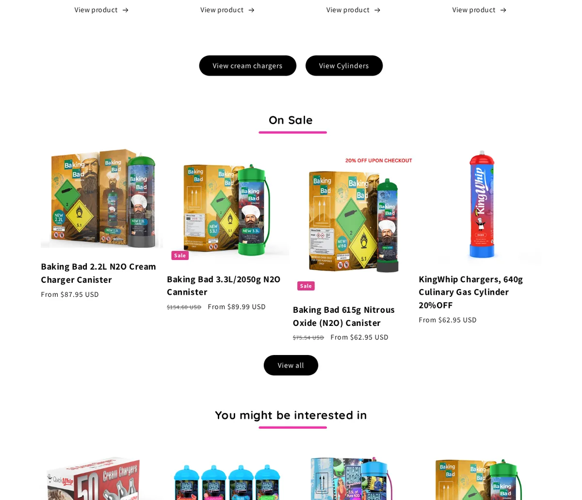 The Miami Magic store in June 2026, its On Sale row showing Baking Bad 2.2 liter and 3.3 liter canisters and a 615 gram canister, and a red KingWhip 640 gram cylinder.