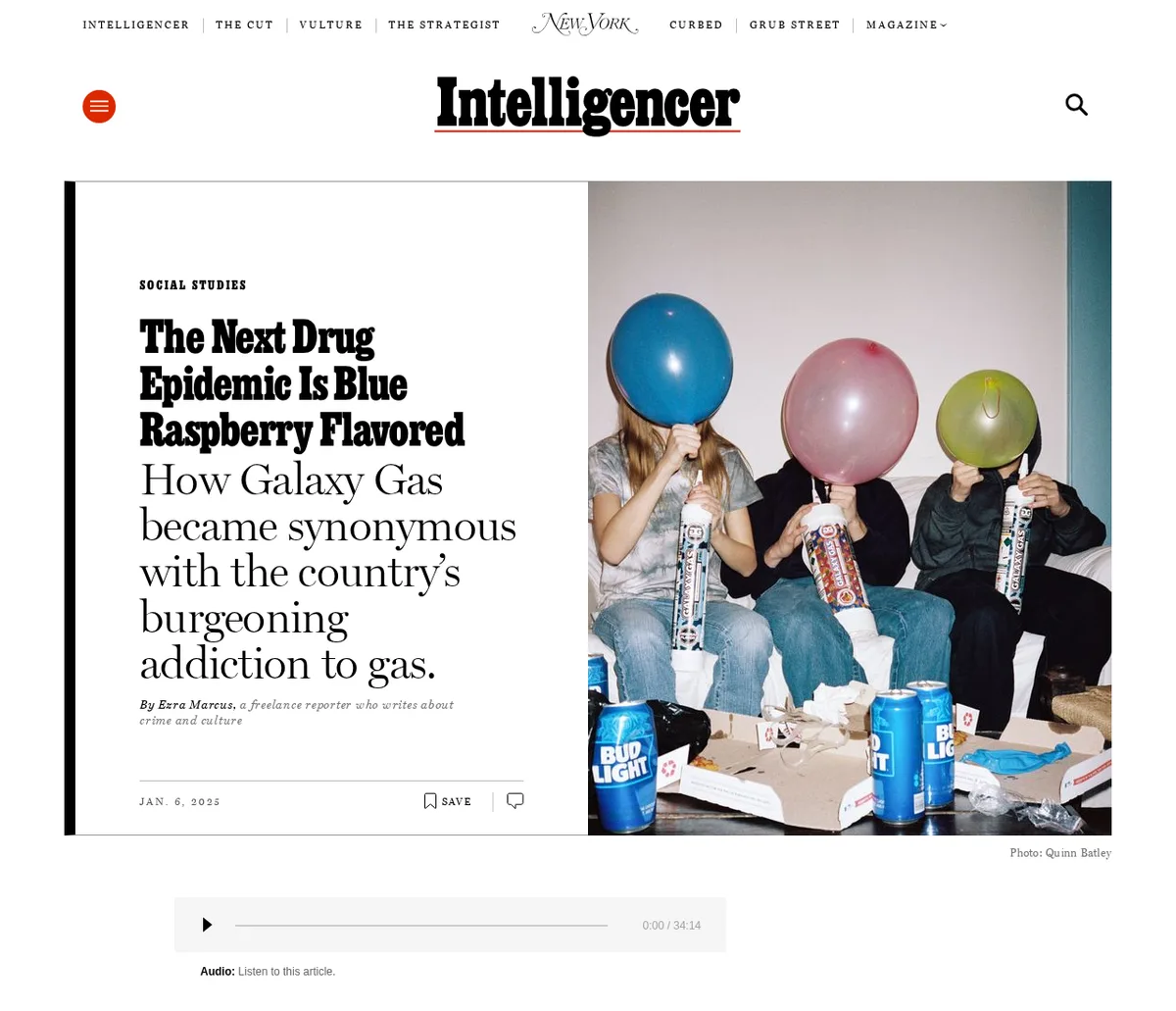 The New York magazine article headlined The Next Drug Epidemic Is Blue Raspberry Flavored, with a photograph of three people holding balloons over their faces next to Galaxy Gas tanks and beer cans.