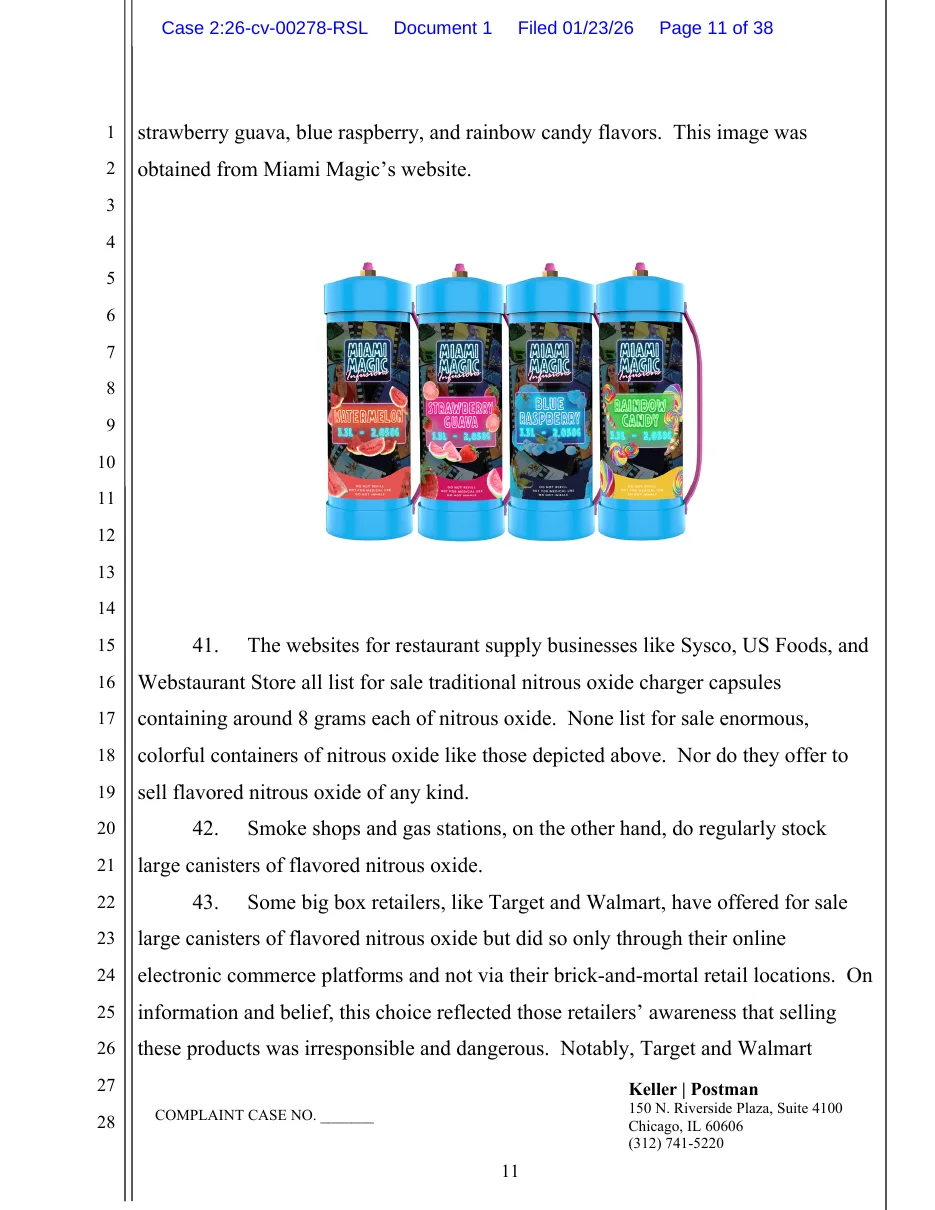 Page 11 of a January 2026 complaint against Amazon and Miami Magic, showing four blue 3.3 liter tanks labelled watermelon, strawberry guava, blue raspberry and rainbow candy.