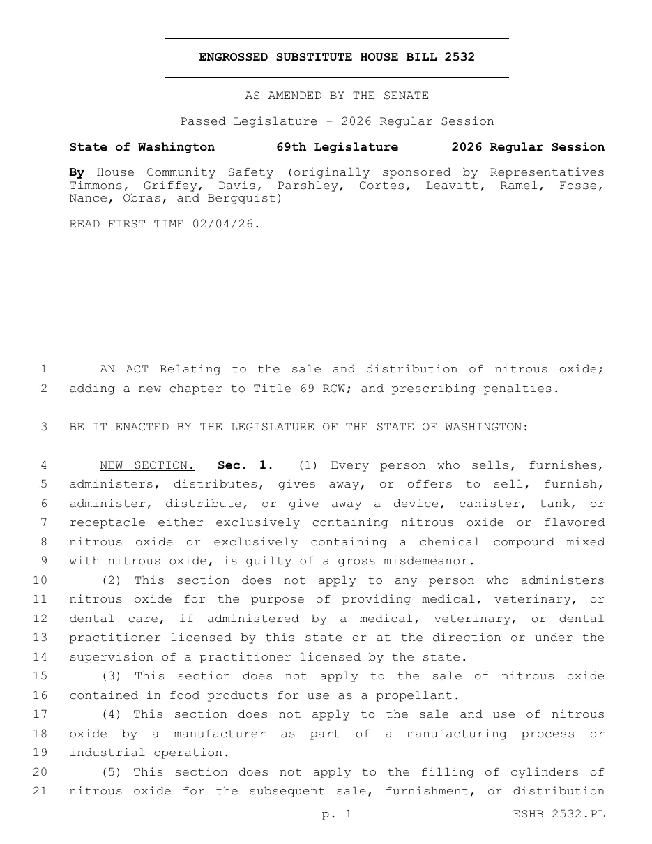 First page of Washington Engrossed Substitute House Bill 2532 as passed in 2026, section 1 making it a gross misdemeanor to sell a device, canister, tank or receptacle containing nitrous oxide or flavored nitrous oxide.