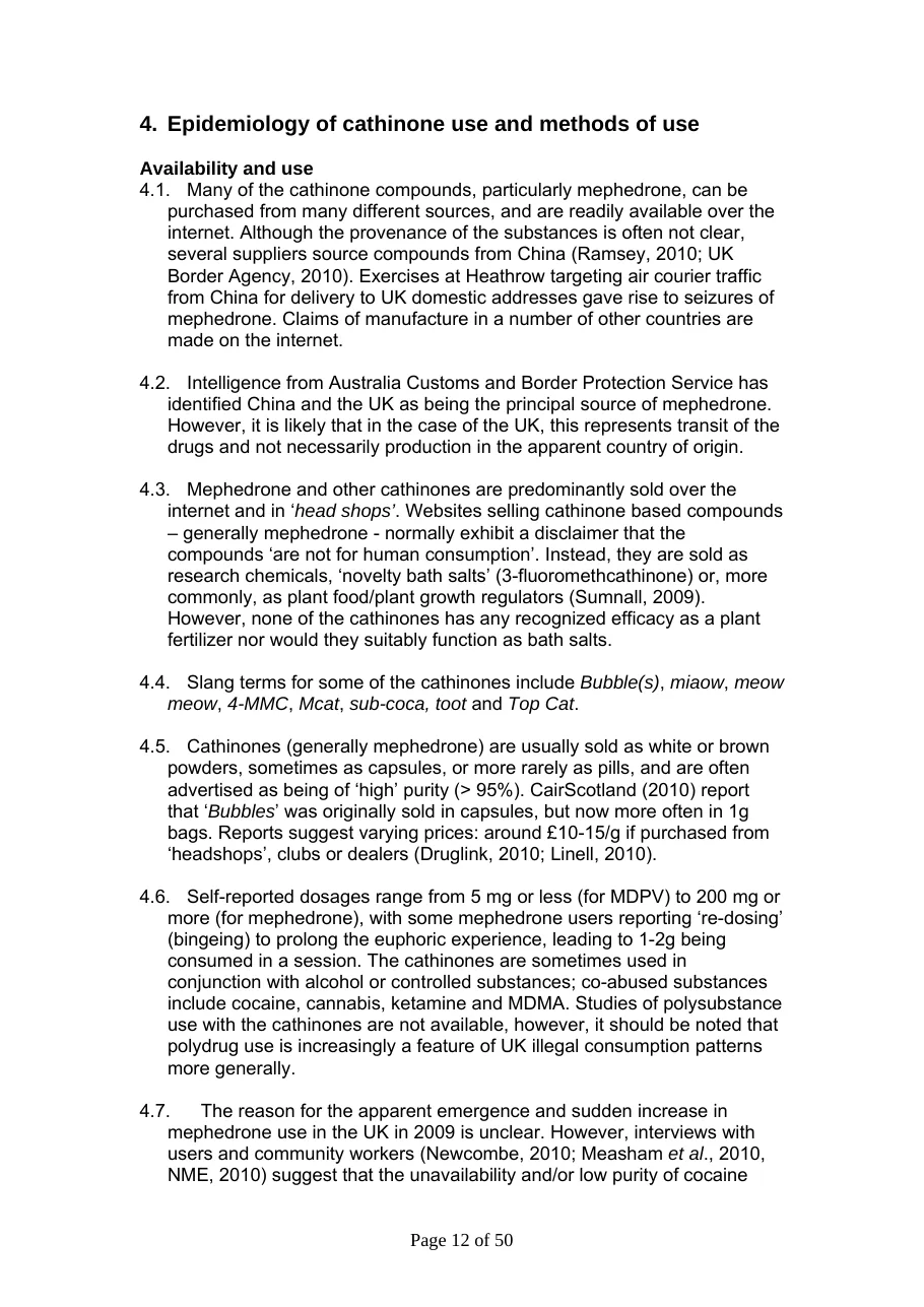 Page 12 of the ACMD report Consideration of the cathinones, section 4 on availability and use, describing supply from China, seizures at Heathrow, and websites that sell mephedrone as plant food with a disclaimer that the compounds are not for human consumption.