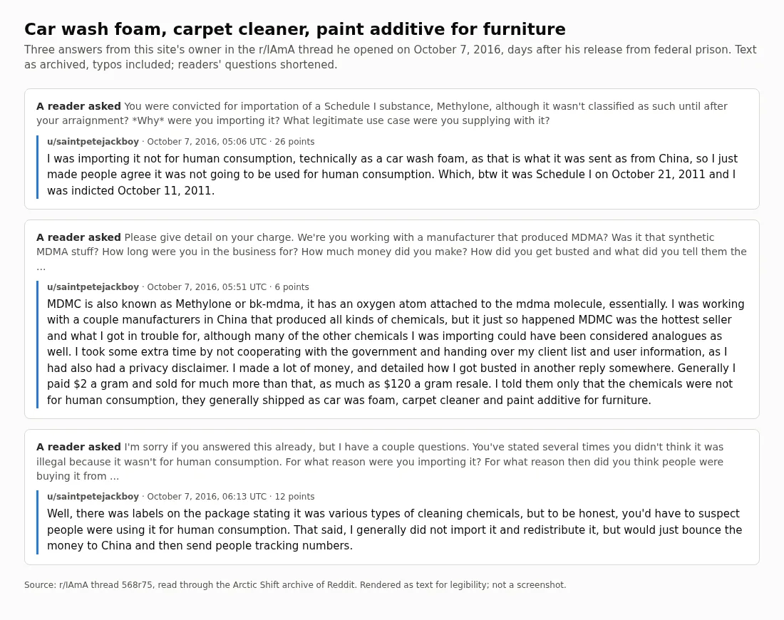 Three Reddit answers rendered as text cards. In the first the author says he imported methylone technically as a car wash foam. In the second he says it generally shipped as car wash foam, carpet cleaner and paint additive for furniture. In the third he says the package labels named cleaning chemicals but that you would have to suspect human consumption.