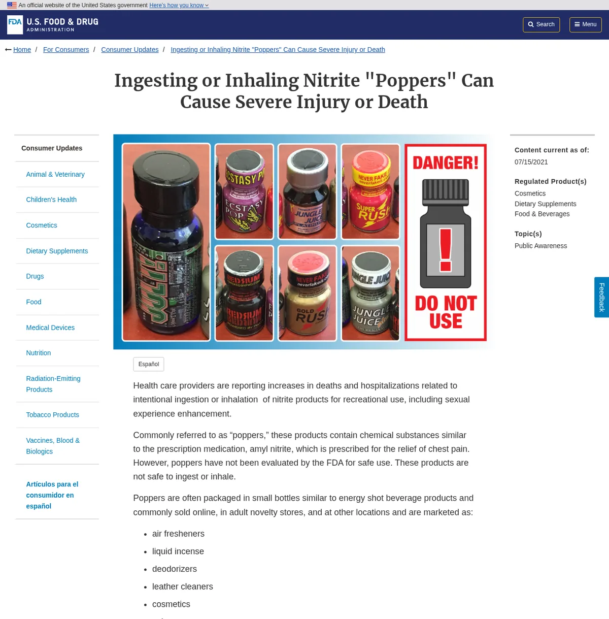 The FDA consumer update page titled Ingesting or Inhaling Nitrite Poppers Can Cause Severe Injury or Death, with a photo of small bottles labelled Jungle Juice, Super Rush and Ecstasy Pop beside a Danger Do Not Use sign, and a list of the ways the products are marketed.