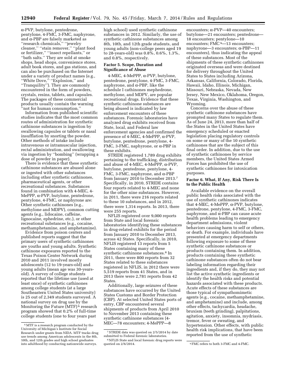 Federal Register page 12940 of March 7, 2014, listing ten cathinones falsely marketed as research chemicals, jewelry cleaner, stain remover, plant food or fertilizer, insect repellants, or bath salts.