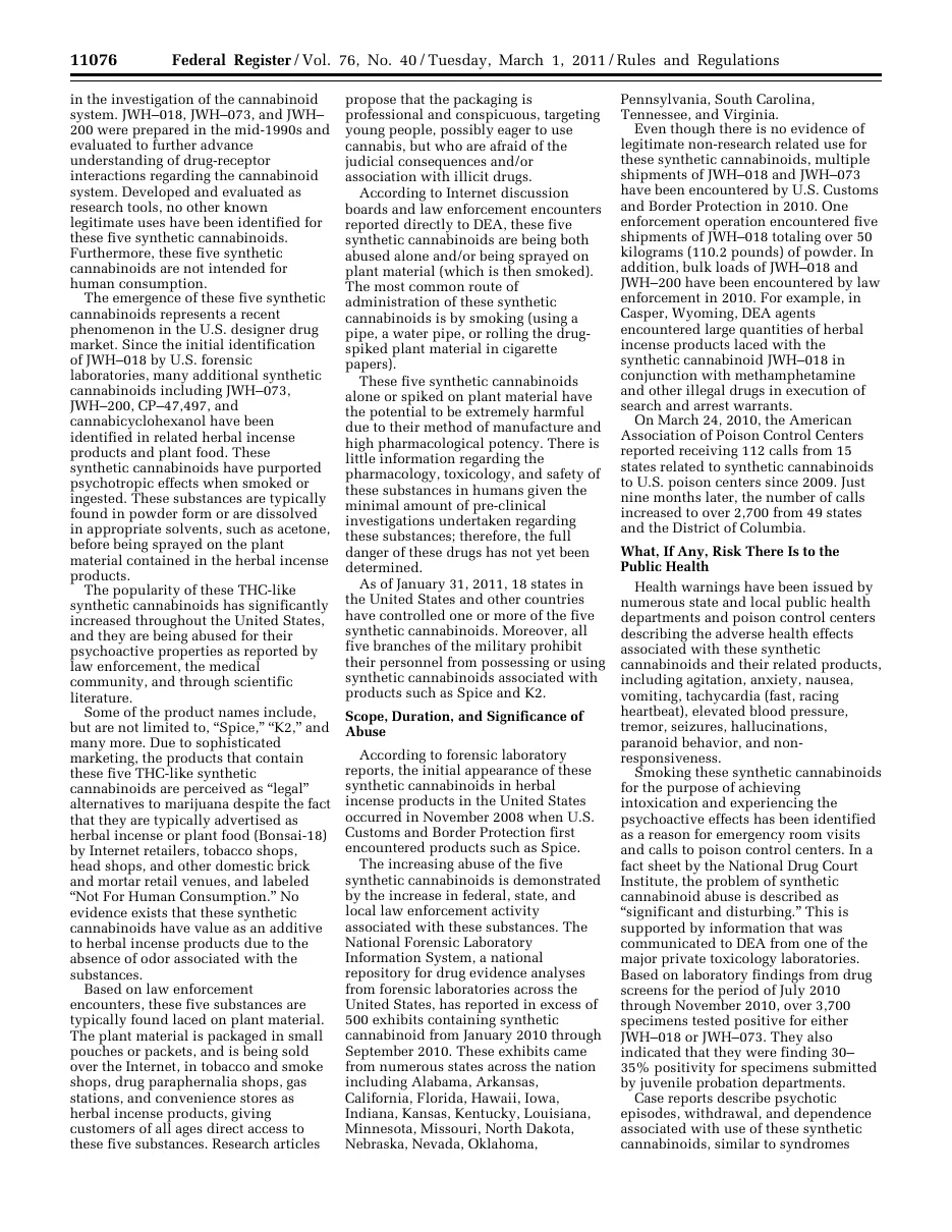Federal Register page of March 1, 2011, the DEA temporary order on five synthetic cannabinoids, describing herbal incense products sold in head shops and gas stations and labeled not for human consumption.
