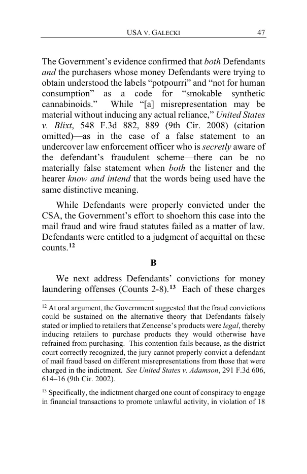 Page 47 of the Galecki opinion, holding that the defendants and their buyers understood potpourri and not for human consumption as a code for smokable synthetic cannabinoids, and that the fraud convictions fail as a matter of law.