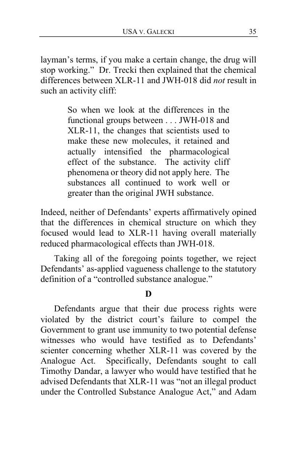 Page 35 of the Galecki opinion, introducing the defendants' argument that they should have been allowed to call Timothy Dandar, a lawyer who would have testified that he advised them XLR-11 was not an illegal product under the Analogue Act.