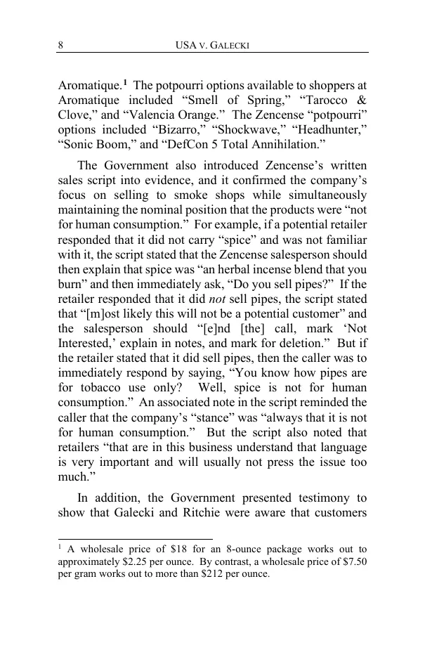 Page 8 of the Ninth Circuit opinion in United States v. Galecki, describing the Zencense sales script that asked retailers whether they sold pipes, and footnote 1 comparing about 2.25 dollars an ounce for real potpourri with more than 212 dollars an ounce.