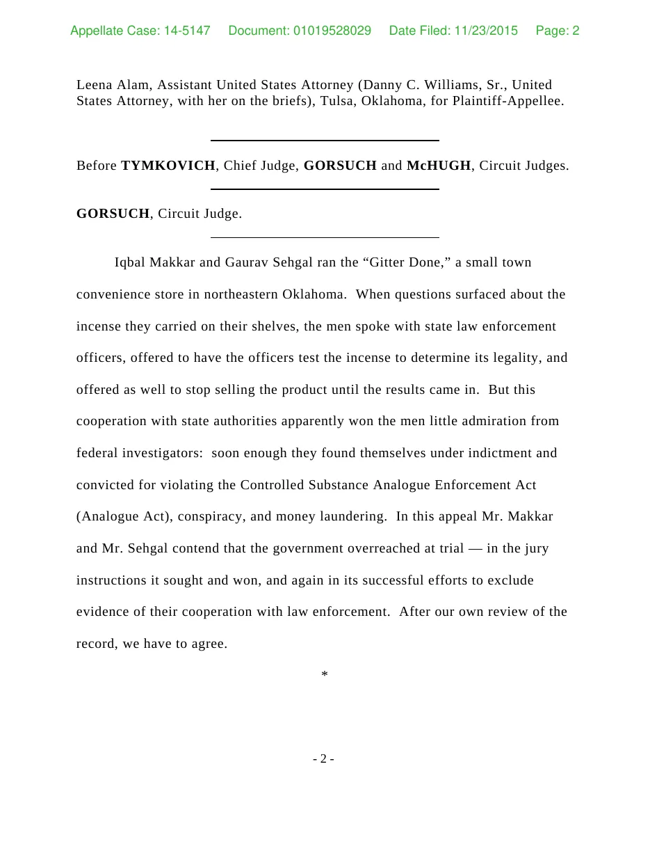 Page 2 of the Tenth Circuit opinion in United States v. Makkar by Judge Gorsuch, describing two Oklahoma convenience store owners who offered to have their incense tested and to stop selling it until results came in.