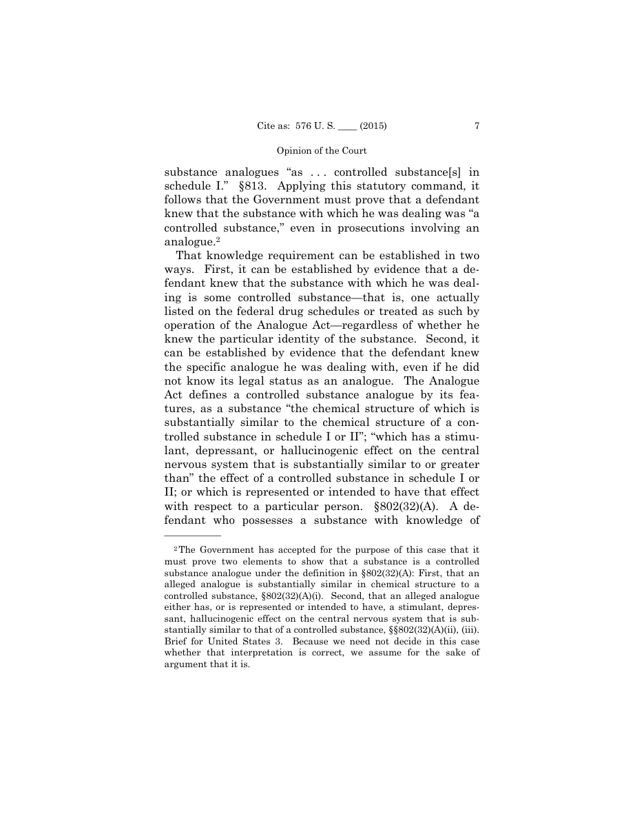 Page 7 of the McFadden opinion, setting out the two ways to prove knowledge, with footnote 2 recording that the Government accepted a two-element reading of the analogue definition and that the Court assumed it without deciding.