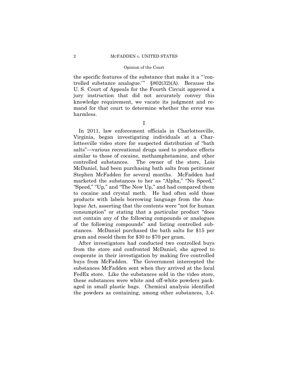 Page 2 of the Supreme Court opinion in McFadden v. United States, describing bath salts sold to a Charlottesville video store under names like Alpha and The New Up, with labels saying not for human consumption and listing compounds the products did not contain.