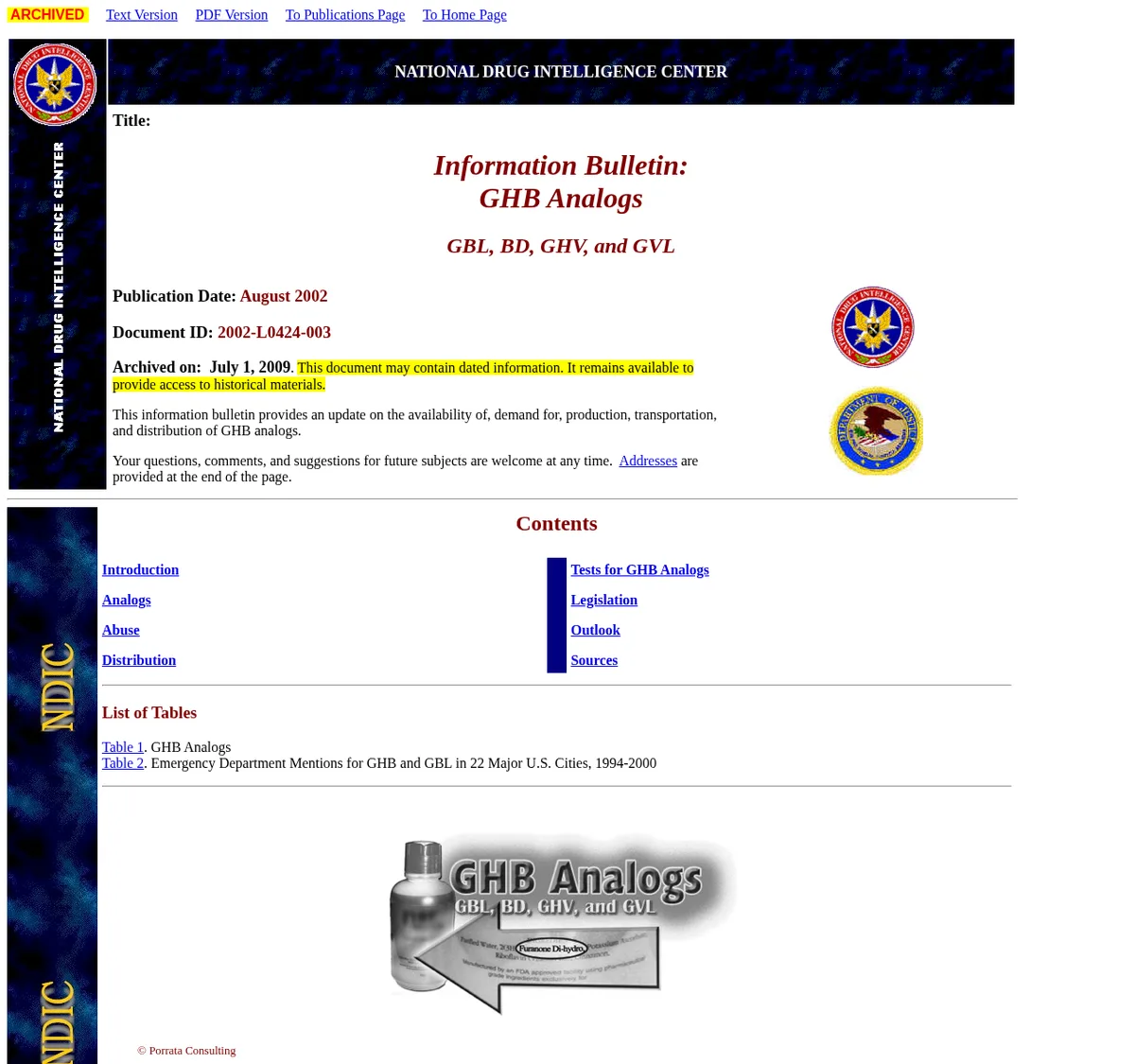 The archived title page of the National Drug Intelligence Center Information Bulletin GHB Analogs: GBL, BD, GHV, and GVL, published August 2002, with a photograph of a product bottle.