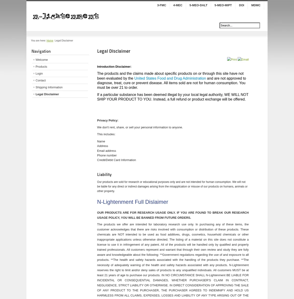 An archived web page headed Legal Disclaimer on a site with the logo n-lightenment. A navigation bar lists 3-FMC, 4-MEC, 5-MEO-DALT, 5-MEO-MIPT, DOI and MDMC. The text says all items sold are not for human consumption, that buyers must be over 21, and that products are sold for research or educational purposes only.