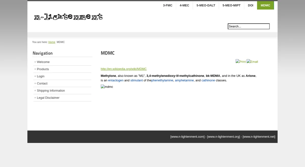 An archived product page titled MDMC on the same site, consisting of a Wikipedia link and one sentence describing methylone as an entactogen and stimulant, with a broken image placeholder.