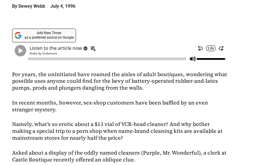 A Phoenix New Times article by Dewey Webb dated July 4, 1996, describing a 13 dollar vial of VCR-head cleaner on sale in sex shops and a display of cleaners named Purple and Mr. Wonderful.