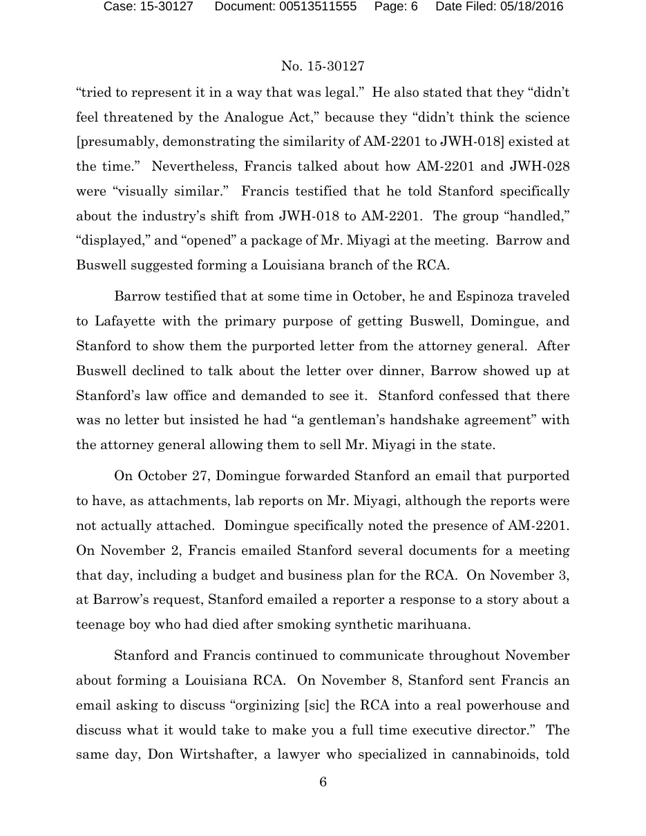Page 6 of the Fifth Circuit opinion in United States v. Stanford, recounting that a promised letter from the Louisiana attorney general did not exist and that the lawyer said he had a gentleman's handshake agreement instead.
