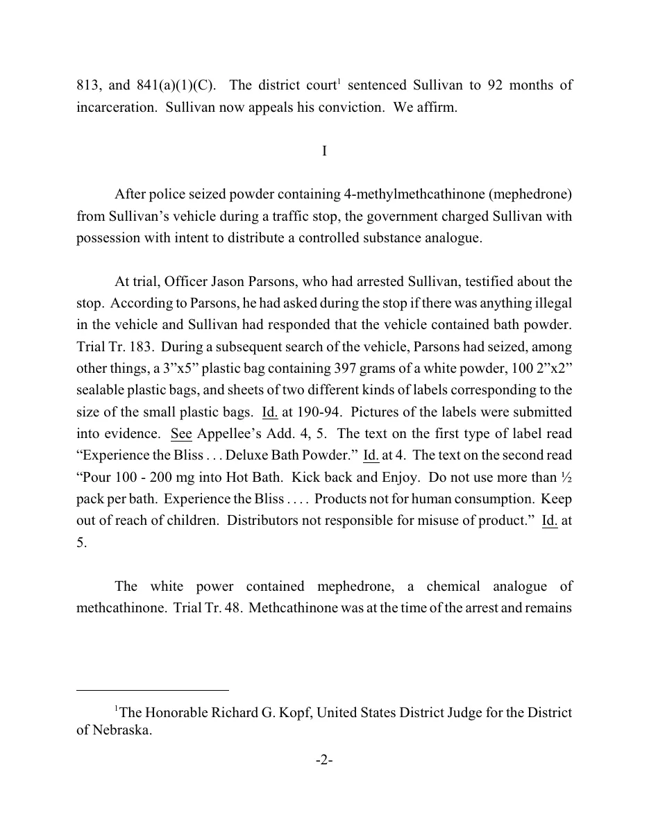 Page 2 of the Eighth Circuit opinion in United States v. Sullivan, quoting two labels found in a car: Experience the Bliss Deluxe Bath Powder, and a dosing instruction of 100 to 200 mg into a hot bath followed by Products not for human consumption.