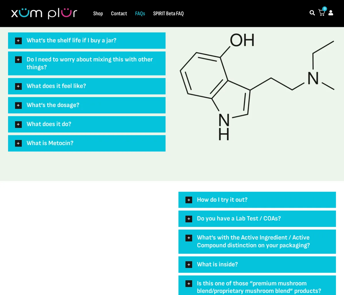 The XÜM and PLÜR FAQ page with questions including what does it feel like, what is the dosage, what does it do and what is Metocin, beside the skeletal structure of 4-HO-MET.