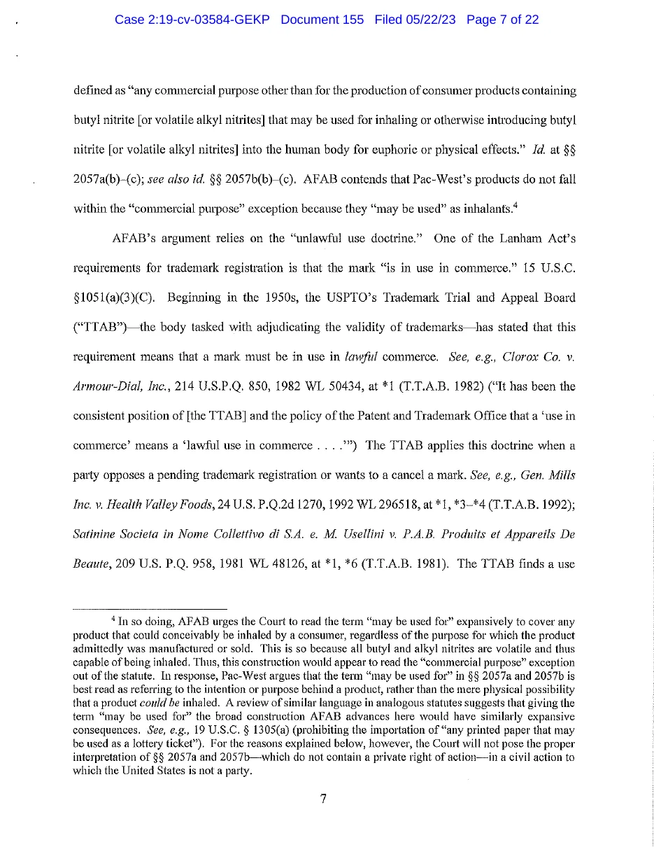 Page 7 of the May 22, 2023 memorandum in Pac-West v. AFAB: the commercial purpose exception quoted from sections 2057a and 2057b; AFAB's argument relies on the unlawful use doctrine; the TTAB has held since the 1950s that use in commerce means lawful use; and footnote 4 on whether may be used for means any product that could be inhaled or the purpose behind it, declining to interpret the statutes in a case to which the United States is not a party.